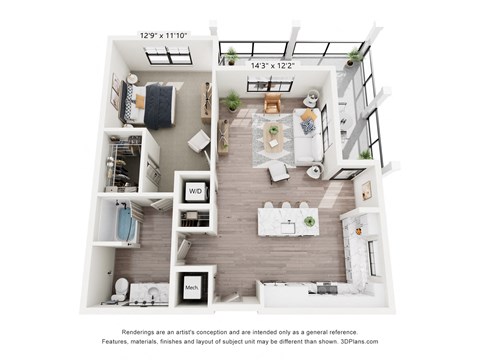 Floor plan for 1 bed, 1 bath, 925 sqft